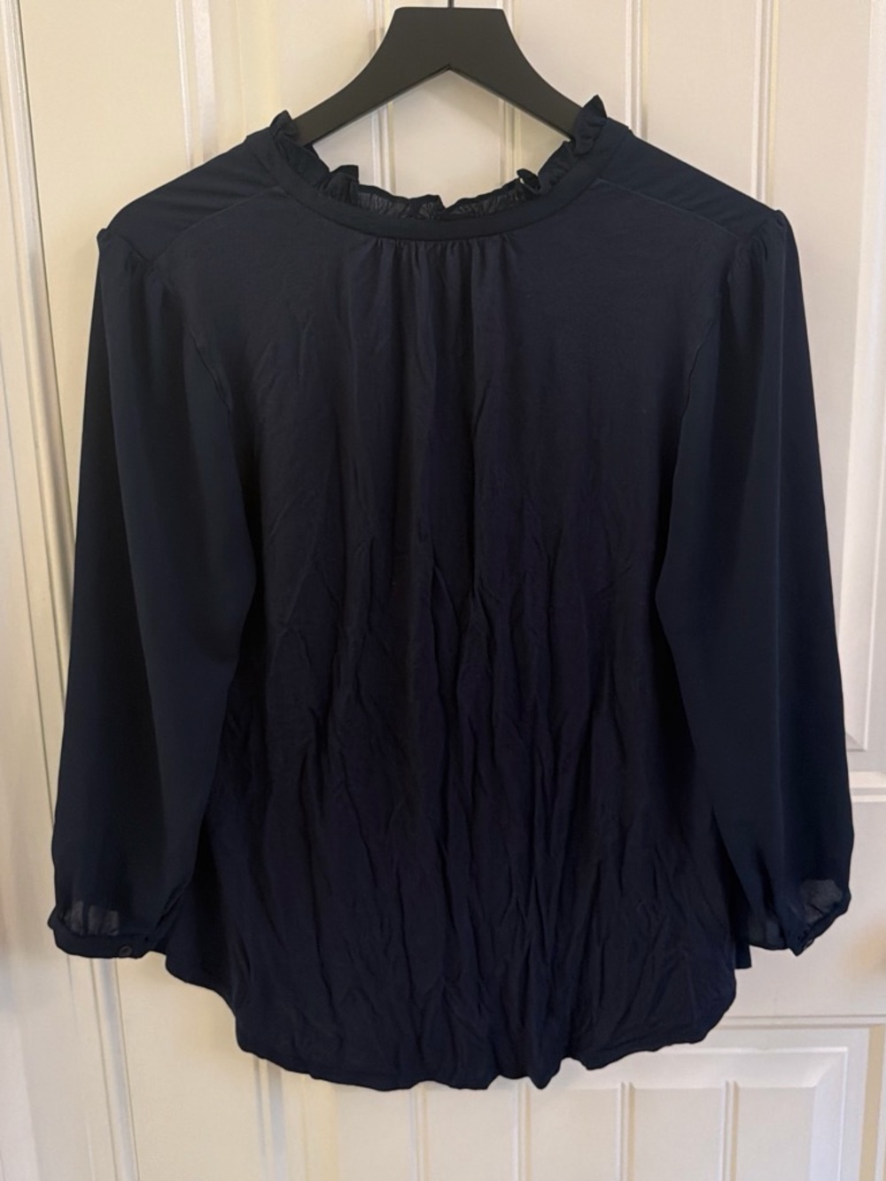 LOF Navy Ruffle-Trim Long Sleeve Blouse
